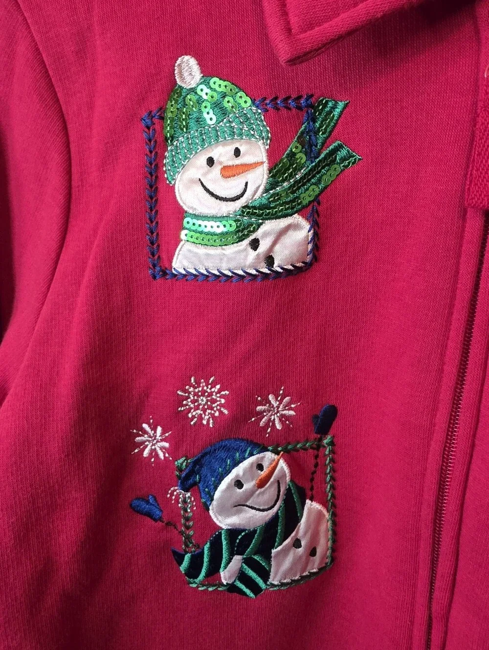 Vintage Breckenridge Christmas Snowmen Fleece Jacket Red Zip Size Petite Large
